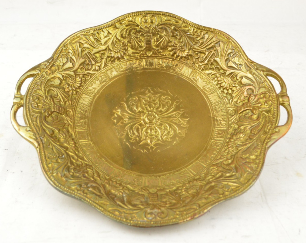 Vintage Brass Shallow Bowl Tray 8.75" Ornate Embossed Floral Double Handles